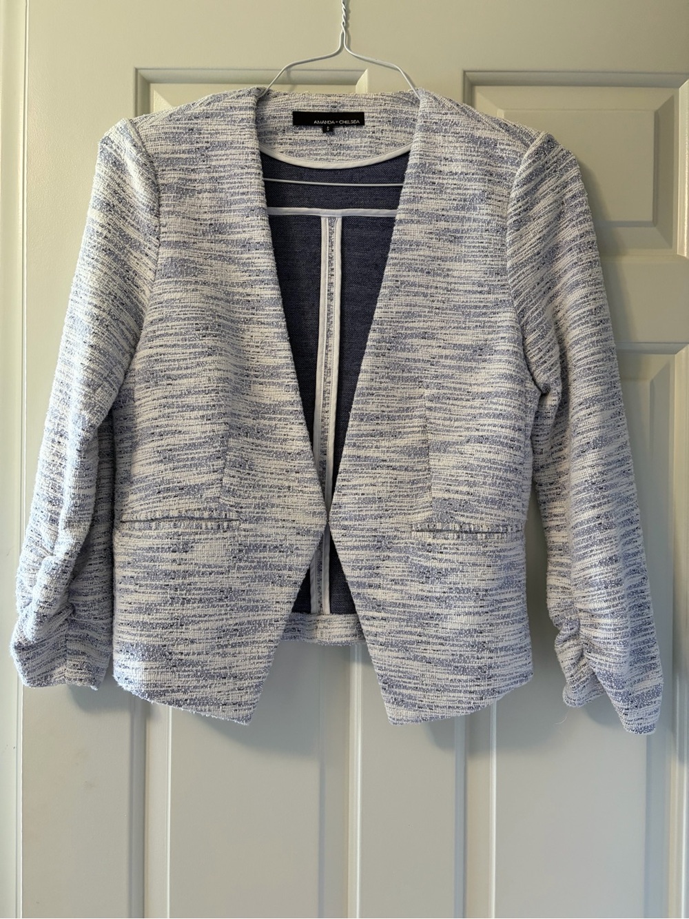 Amanda + Chelsea Open-Front Heathered Blue & White Blazer